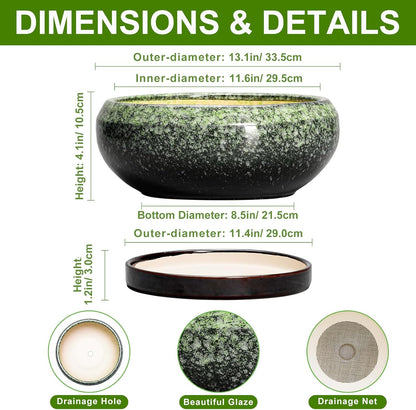 Bonsai Pots - 13 Inch Ceramic Succulent Planters Indoor, Round Shallow Planter with Drainage Hole