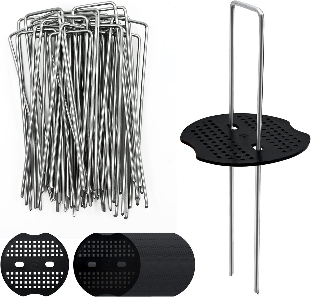 40 Pack 6 Inch Landscape Staples & 40pcs Fixing Gasket Sets, Garden Stakes Galvanized Steel Fabric