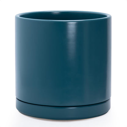 D'vine Dev 12 Inch Ceramic Planter Pot with Drainage Hole and Saucer, Indoor Cylinder Round Planter