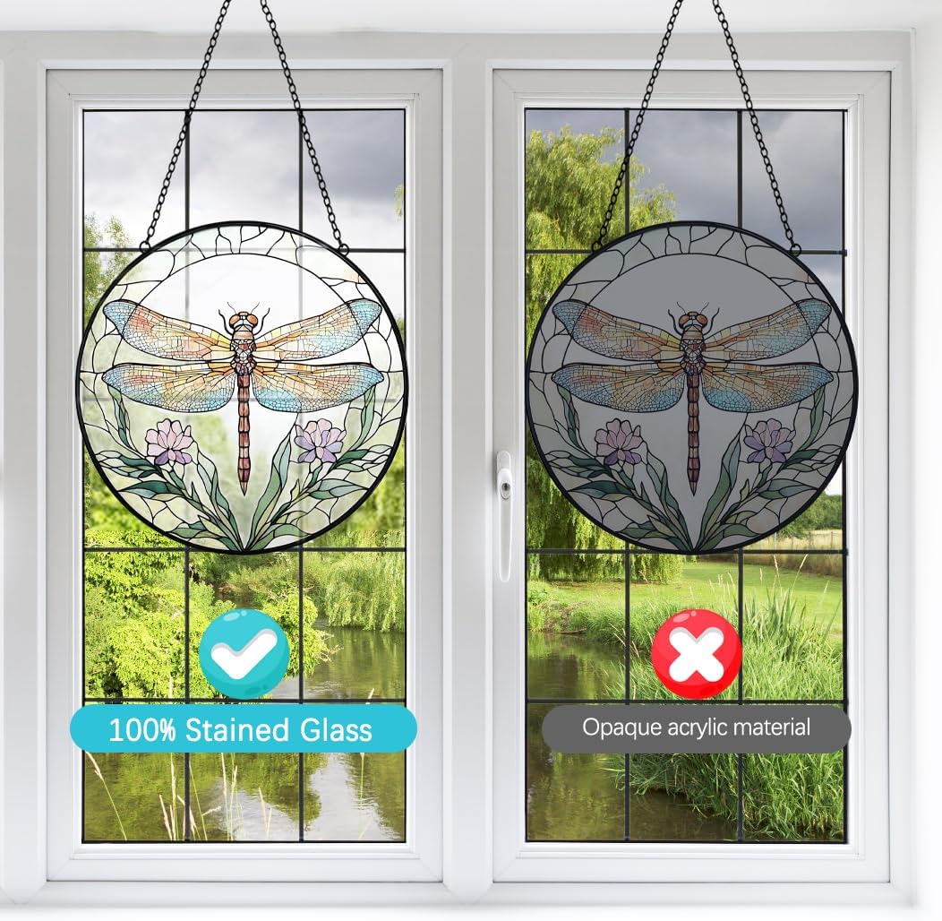 Dragonfly with Flower Suncatcher Stained Glass Window Hanging - 8” Stained Glass Suncatchers for