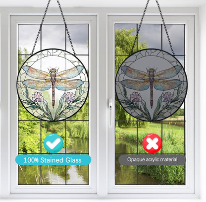 Dragonfly with Flower Suncatcher Stained Glass Window Hanging - 8” Stained Glass Suncatchers for