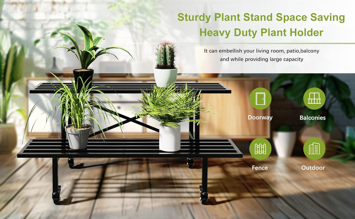 Zhongma 2 Tier Sturdy Metal Plant Stand with Wheels, L35.43 x W17.5 x H16.14 inch, Heavy Duty Plant