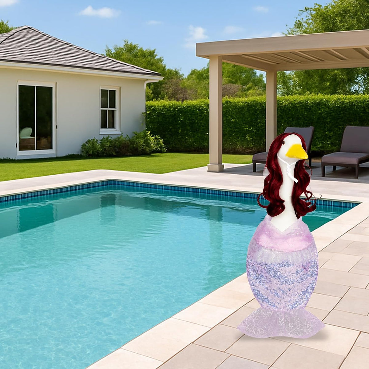 Mermaid Porch Goose Outfits with Red Wigs Colorful Mermaid Goose Costume for 23" Cute Porch Geese