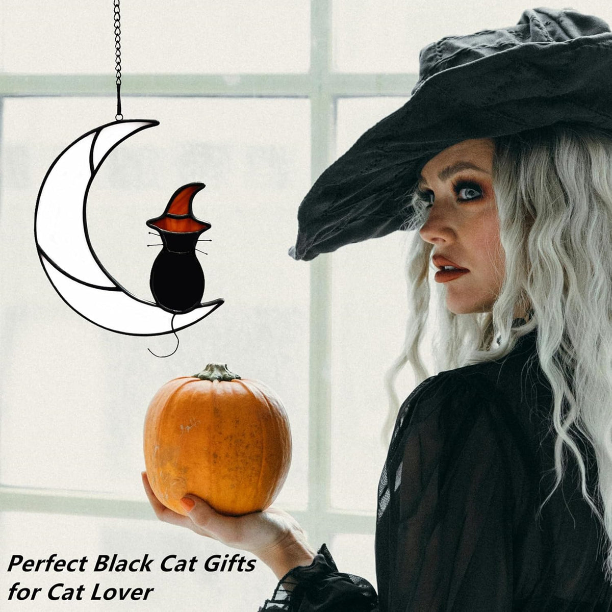 Stained Glass Halloween Black Cat Decor Gifts for Cat Lovers Memorial, Handmade Gothic Witch Hat