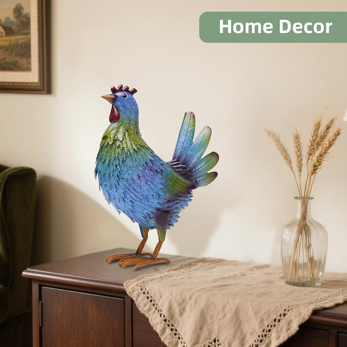 13.4" Metal Blue Chicken Garden Sculptures & Statues for Outdoor Garden Decorations ,Hen Statue for
