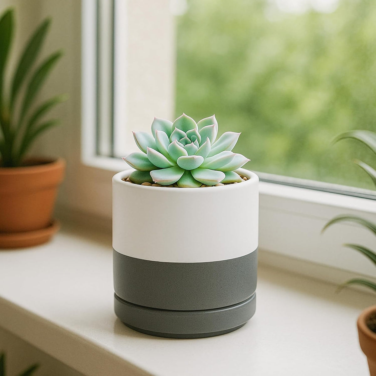 D'vine Dev 3.5 Inch Ceramic Planter Pot with Drainage Hole and Saucer, Indoor Cylinder Round