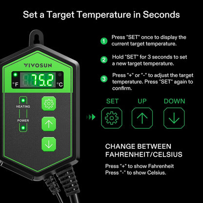 VIVOSUN Digital Heat Mat Thermostat Controller, 40–108 ºF 1000W for Reptiles, Seedlings