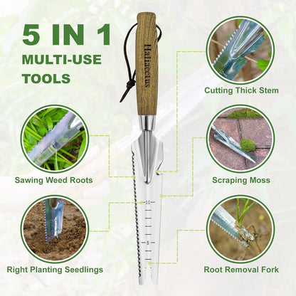 Haliaeetus Multi-Use Weed Trowel, Stainless Steel Dandelion Fork Puller, Serrated Edges Manual Weed