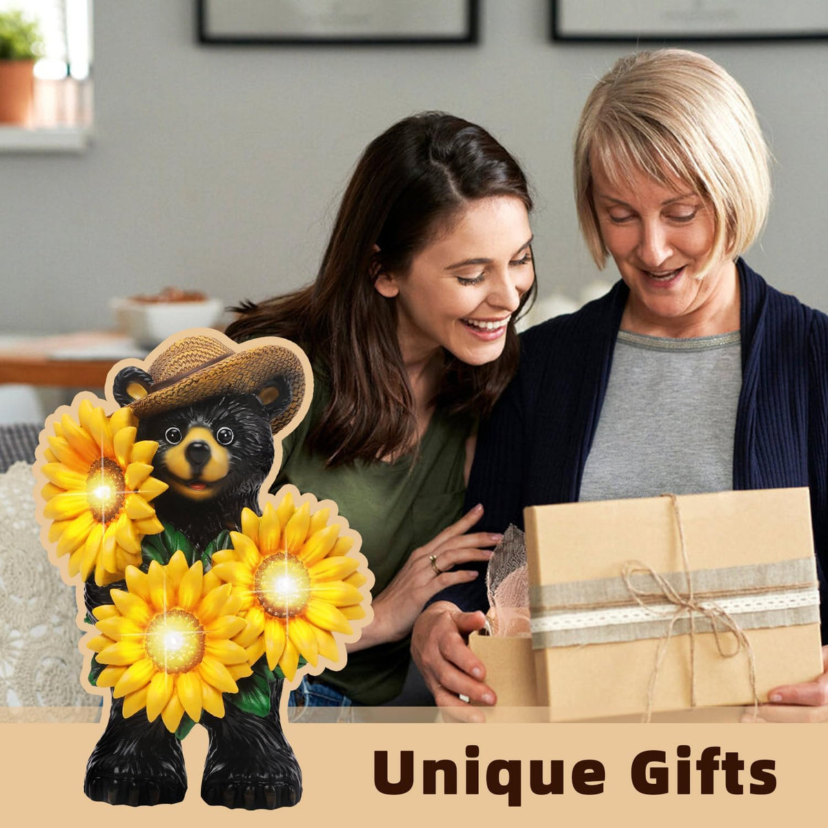 Bear Statue with Sunflowers LED Light 7.2" Solar Lamp Outdoor Garden Patio Yard Porch Lawn Decor