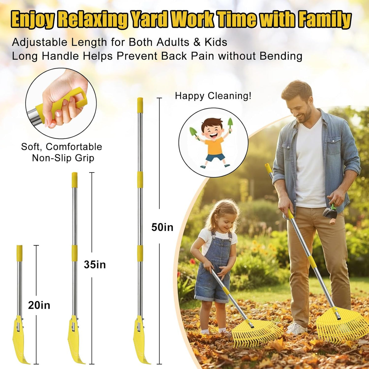 Plastic Leaf Rake for Lawns - Non-Clog, Heavy-Duty 16.5'' Wide Yard & Garden Rake for Leaves