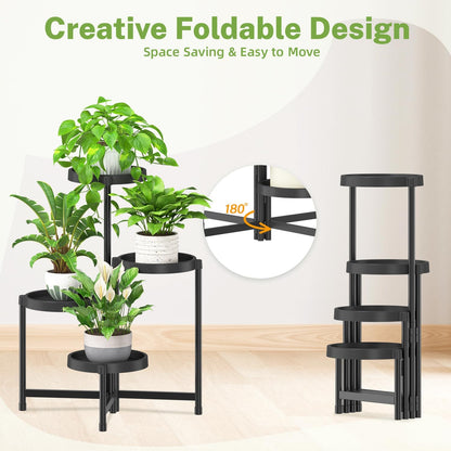 iDavosic.ly 4 Tier Folding Plant Stand Indoor Outdoor with Plastic Tray, Tiered Corner Flower