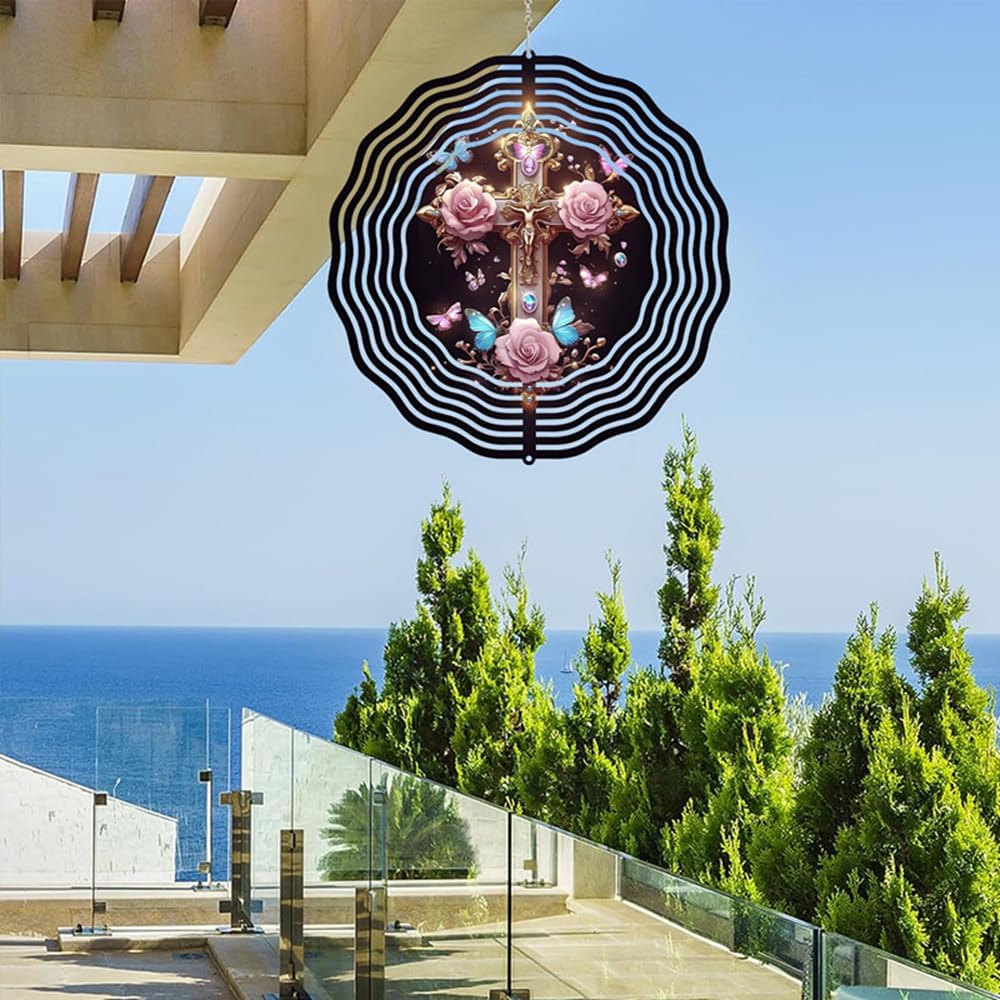 Jesus Cross Wind Spinner, Metal Wind Spinners Outdoor/Indoor, Cross Hanging Garden Decor for