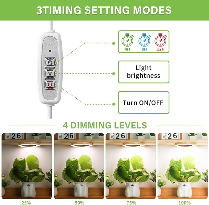 LORDEM 6.3” Bamboo Ceiling Grow Light for Indoor Plants, 72 LEDs Full Spectrum Plant Light, Corded
