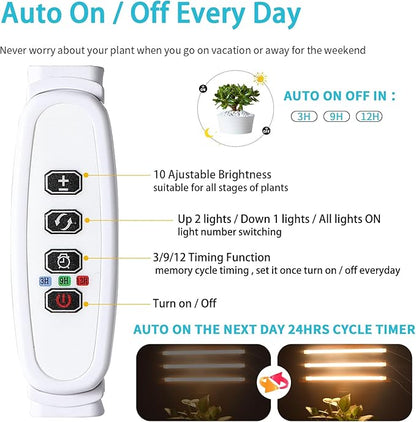 3 Head LED Grow Light Strips for Indoor Plants Full Spectrum 3500K, 144 LEDs Plant Light Bar with