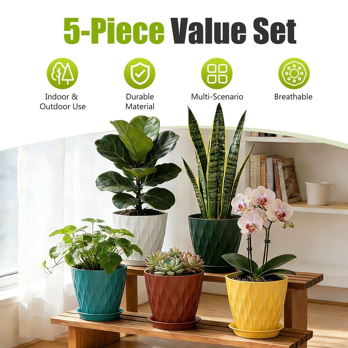 SQKH 8 Inch Plastic Plant Pots,Set of 5 Flower Pots,Planters with Drainage Holes & Saucers, Indoor