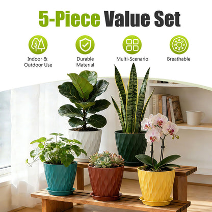 SQKH 8 Inch Plastic Plant Pots,Set of 5 Flower Pots,Planters with Drainage Holes & Saucers, Indoor