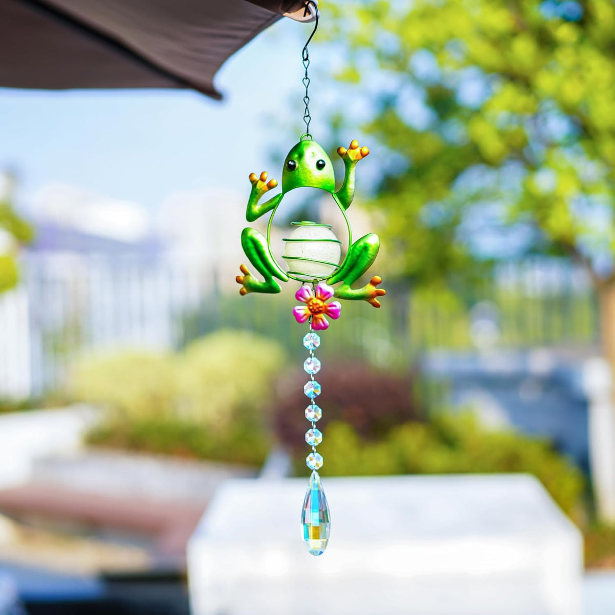 Stained Glass Metal Frog Suncatcher Crystals for Window Ornament - 17" Outdoor Fence Wall Art