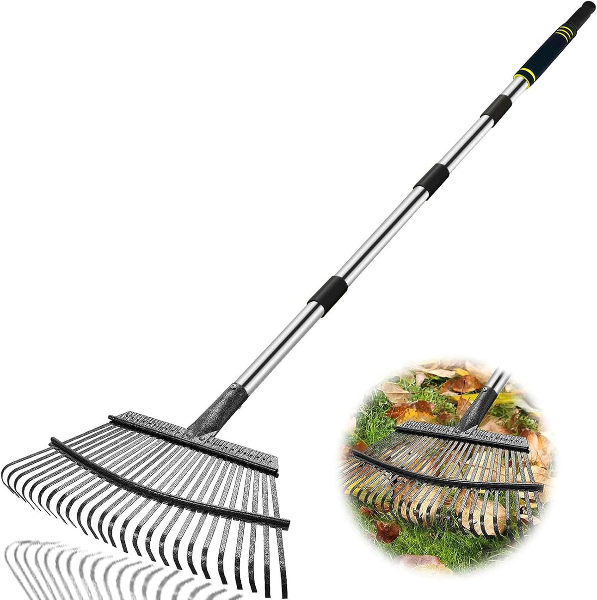 Rake Heavy Duty 6FT Long Garden Rake , 18.5 Inch Wide, 25 Metal Tines, Adjustable Stainless Steel