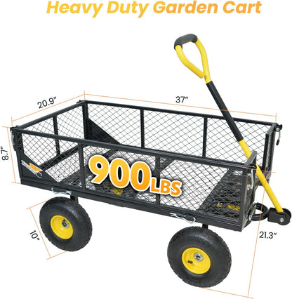 900 lbs Steel Garden Cart, Heavy Duty Yard Utility Wagon with 10" Pneumatic Tires, Removable Mesh