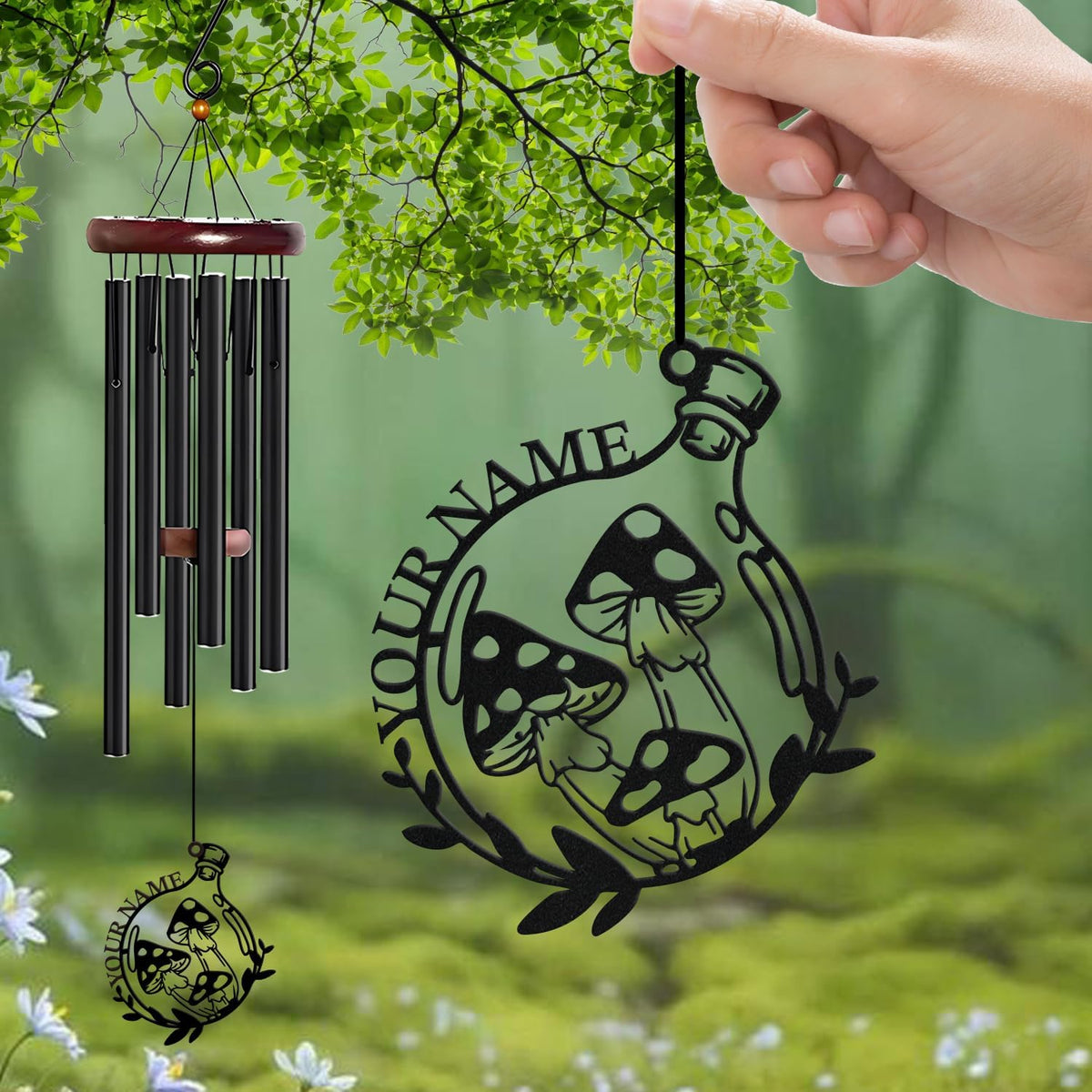 Personalized Customize Name Fantasy Mushroom Wonderland Wind Chime, Metal Iron 37 Inch Outdoor