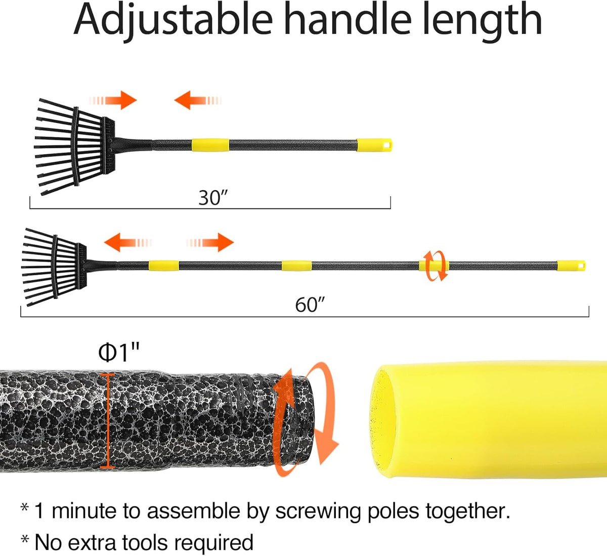 Oliynedy Adjustable Metal Garden Rake for Leaves - Long Handle 30-60", 11 Tines 9" Wide - Small
