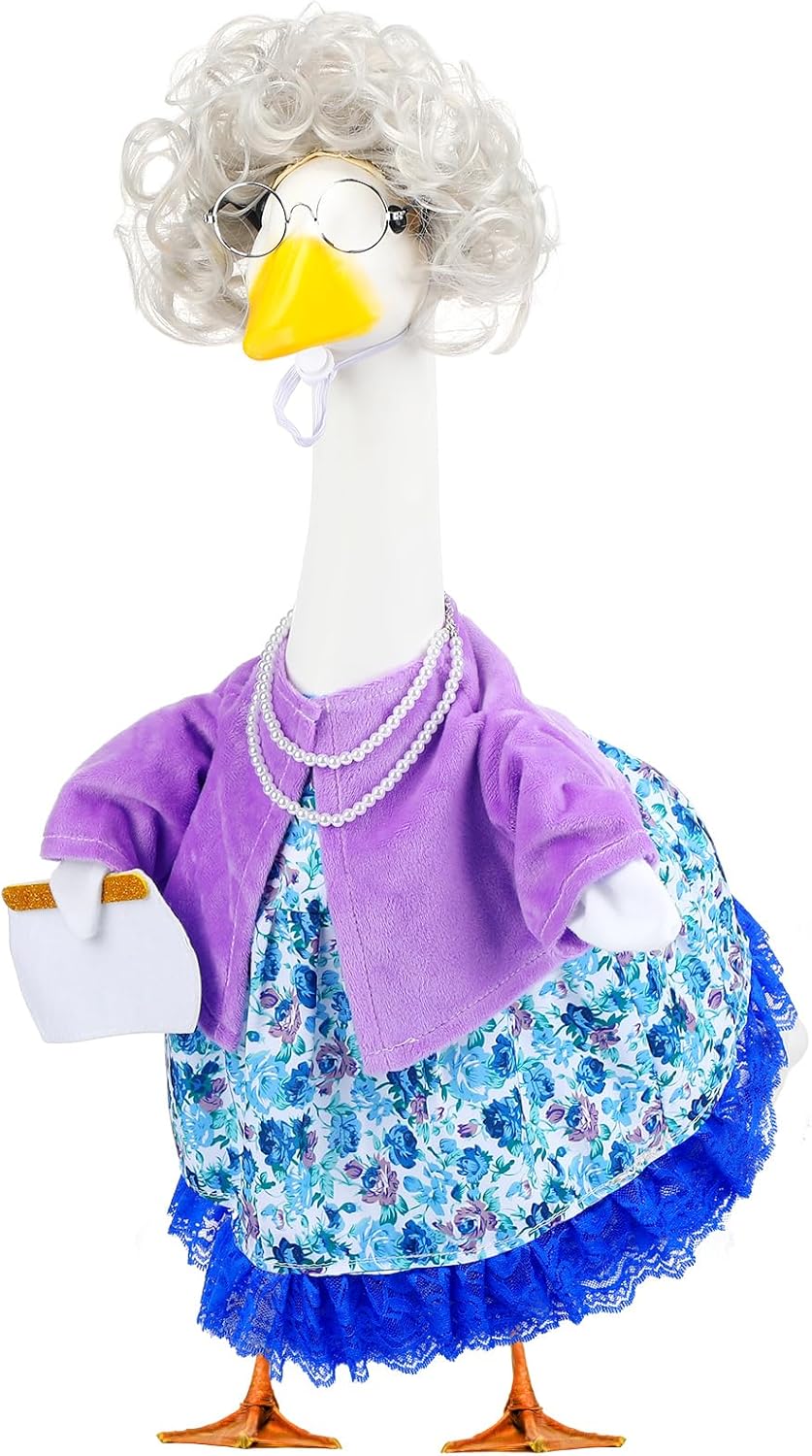 Abbylike Halloween Porch Goose Outfits Old Lady Goose Clothes with Sunglasses Pearl Necklace and