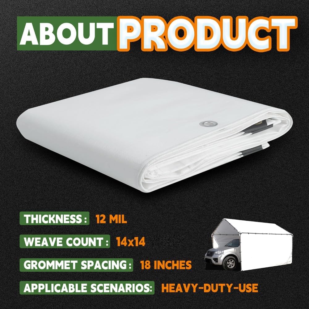 RAINDEWAY 12 Mil Heavy Duty White Tarp 7x9 Feet, UV Resistant, Waterproof, Weatherproof Poly Tarp