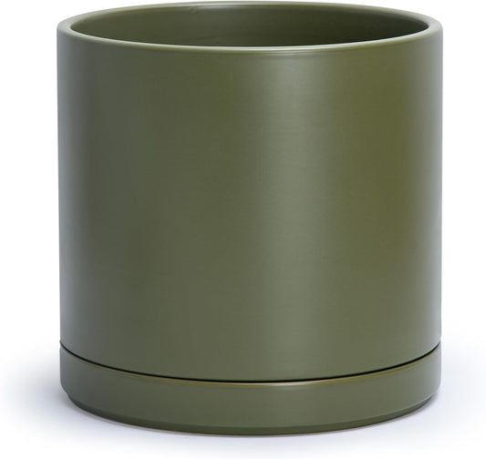 D'vine Dev 12 Inch Ceramic Planter Pot with Drainage Hole and Saucer, Indoor Cylinder Round Planter