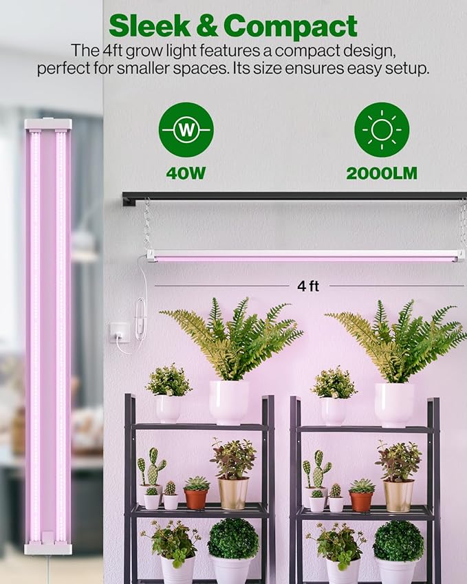 Sunco 4FT LED Grow Light for Indoor Plants 40W, Full Spectrum, Hanging Suspended Fixture, Linkable