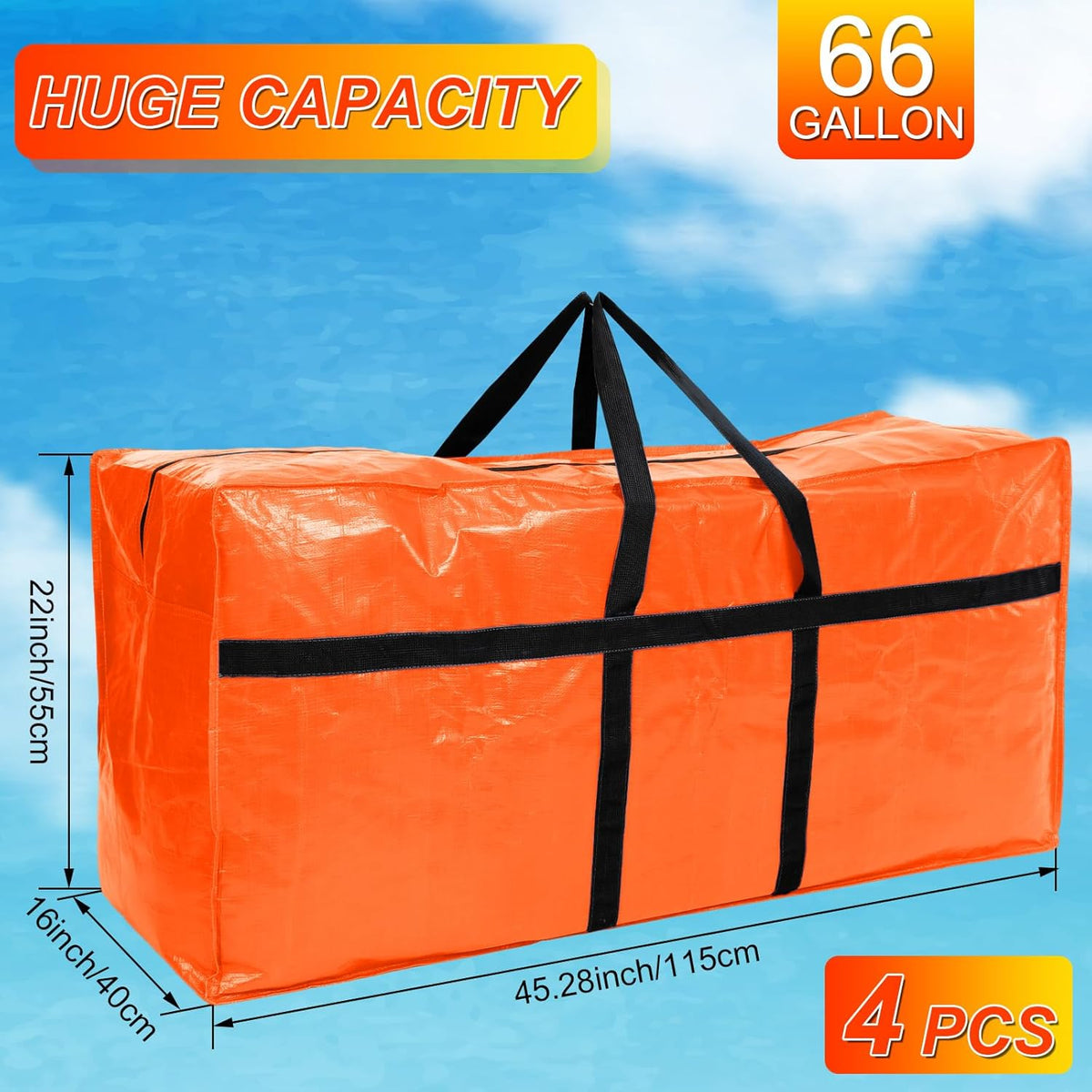 4 Pcs 66 Gallon Large Moving Bags with Zipper and Handles Foldable Storage Duffle Bags Heavy Duty