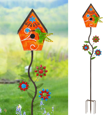 51” Bird Houses Stake for Outside, Metal Wild Bird Feeder Birdhouse Stake Pole with Hummingbird