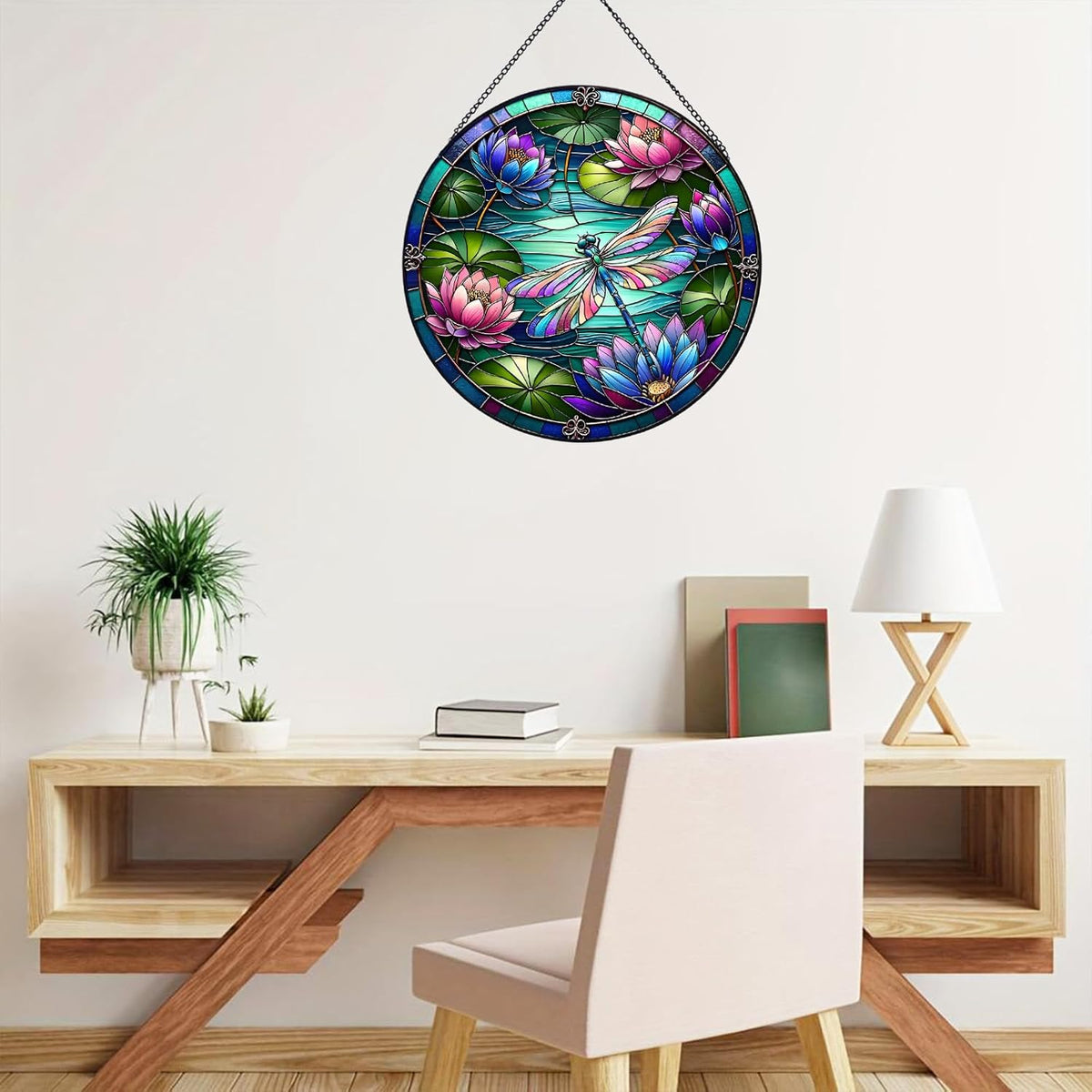 RIVEENY Dragonfly Stained Glass Window Hanging, Stained Glass for Windows,Dragonfly Sun Catcher