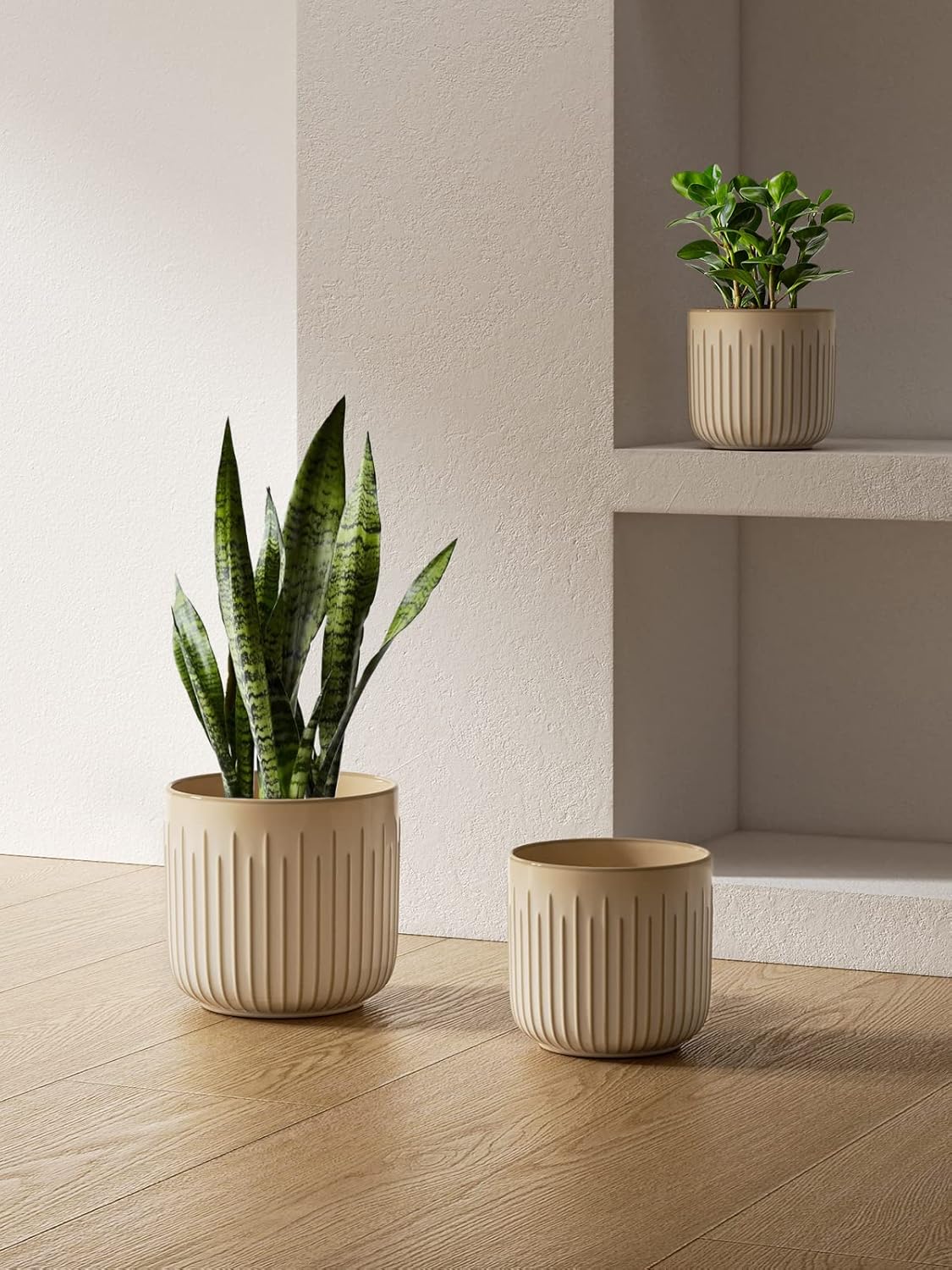 LE TAUCI Fluted Ceramic Planters Set of 3 – 8.3/7 / 5.7 in Cloud Cream Reactive Cylinder Indoor
