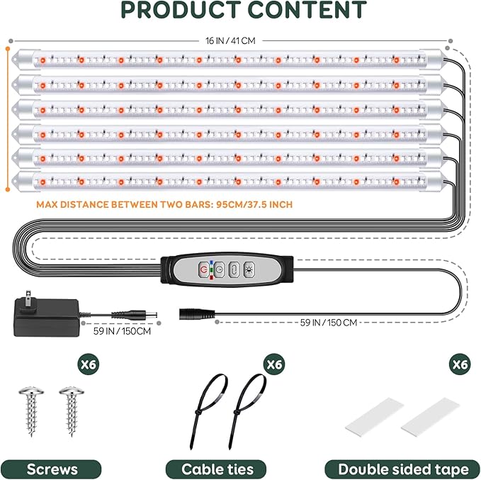 6 Bars Grow Light Strips for Indoor Plants with Auto ON/Off Timer 6/12/18H, 5 Dimmable Levels for