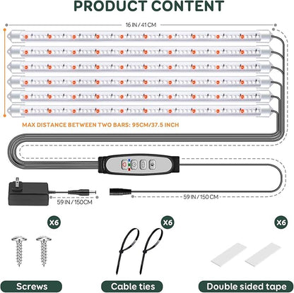 6 Bars Grow Light Strips for Indoor Plants with Auto ON/Off Timer 6/12/18H, 5 Dimmable Levels for