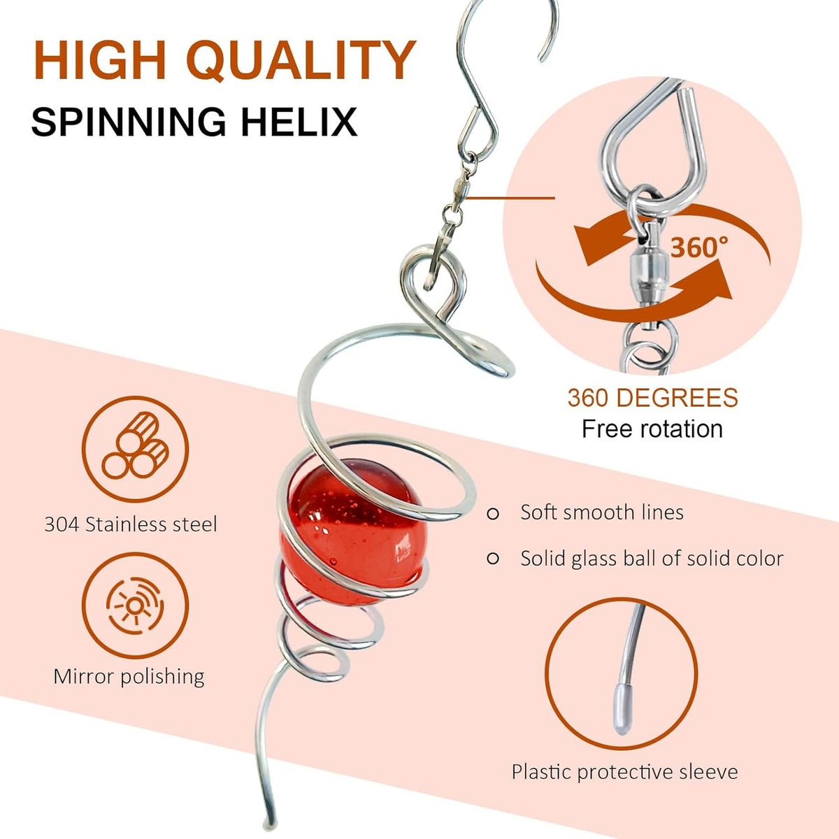 Wind Spinner Tail with Red Glass Orb,Wind Spinners Stabilizer Gazing Ball Spiral Tail,Decorative