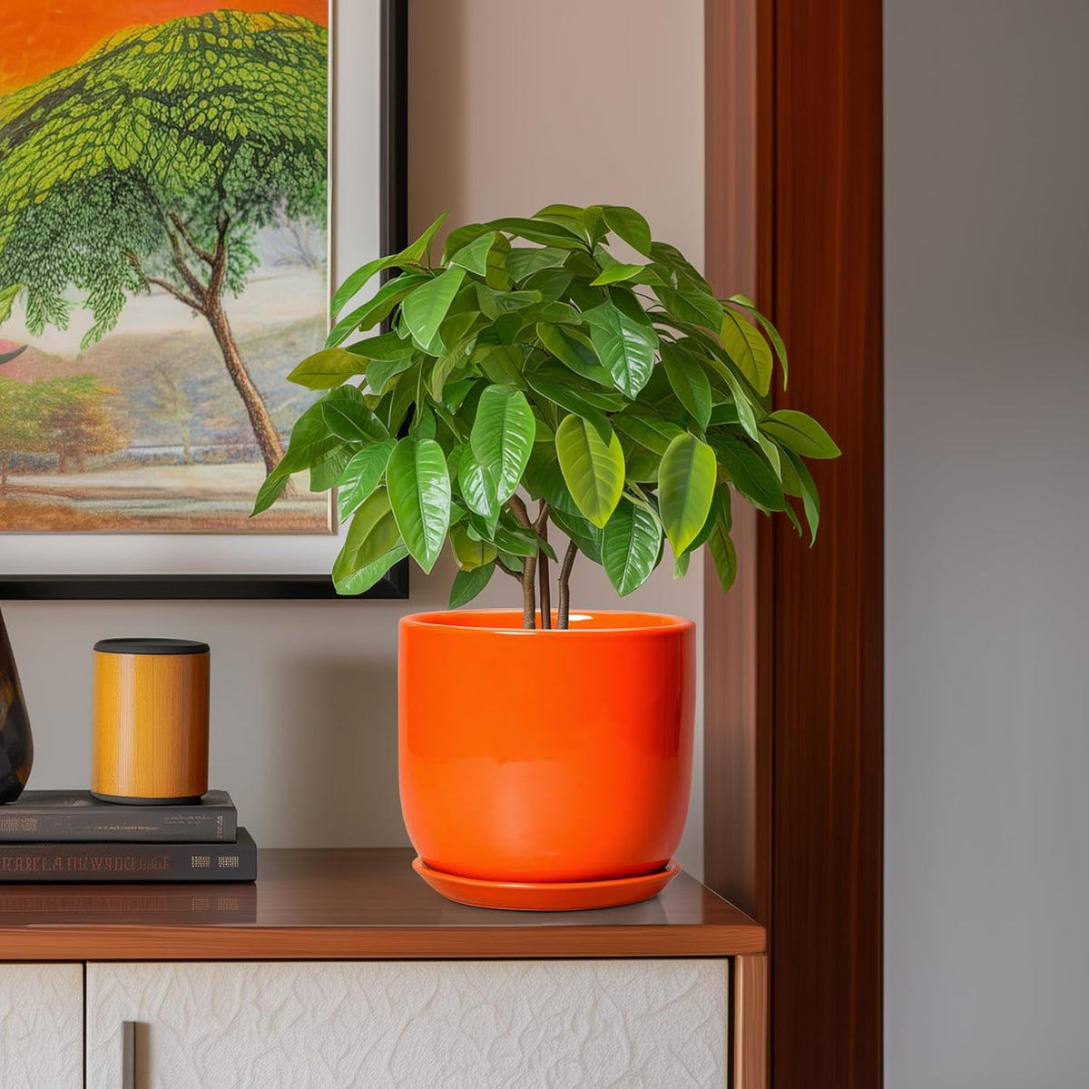 Ceramic Pot for Plants - 8 Inch Plant Pot with Drainage Hole and Saucer, Cylinder Modern Round