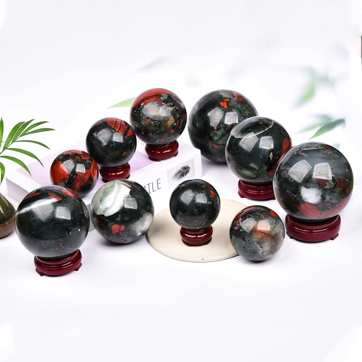 JIC Gem Large Healing Crystal Ball with Decoation Stand African Bloodstone Gemstone Sphere Ball for