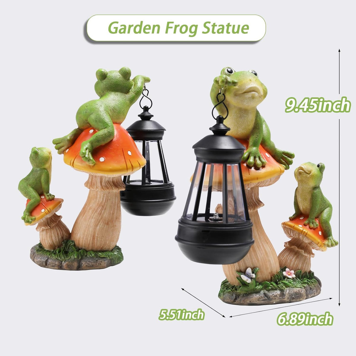 Garden Frogs Statue, Large Funny Frogs Figurine Climbing on Mushroom and Holding a Solar LED