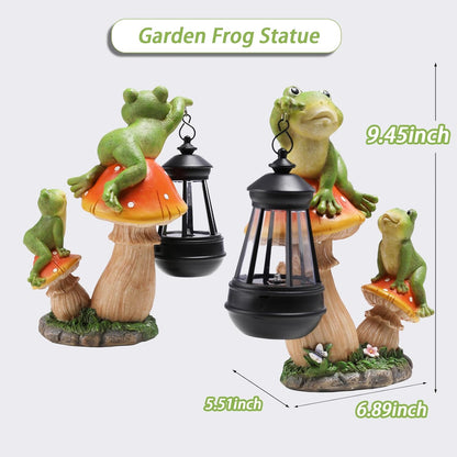 Garden Frogs Statue, Large Funny Frogs Figurine Climbing on Mushroom and Holding a Solar LED