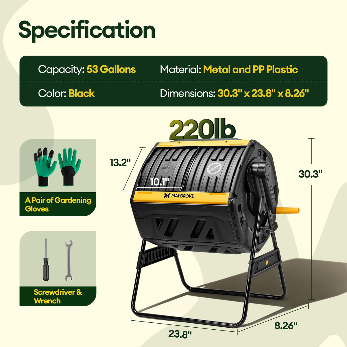 Maygrove Outdoor Compost Bin 53 Gallon, Dual Chamber Large Compost Tumbler for Garden Backyard