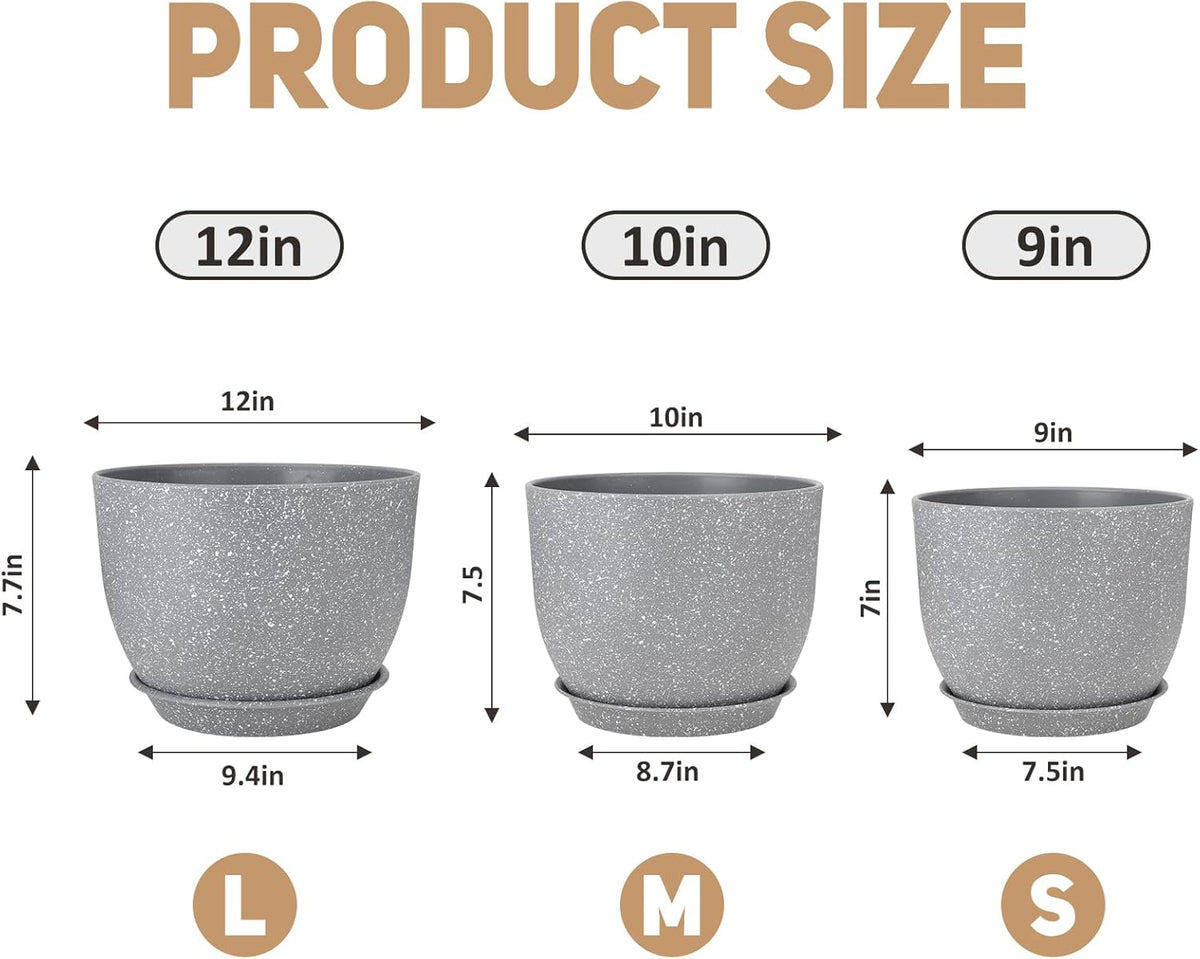Plant Pots 12/10/9 inch Set of 3, Flower Pots with Multi Mesh Drainage Holes, Large Planters for