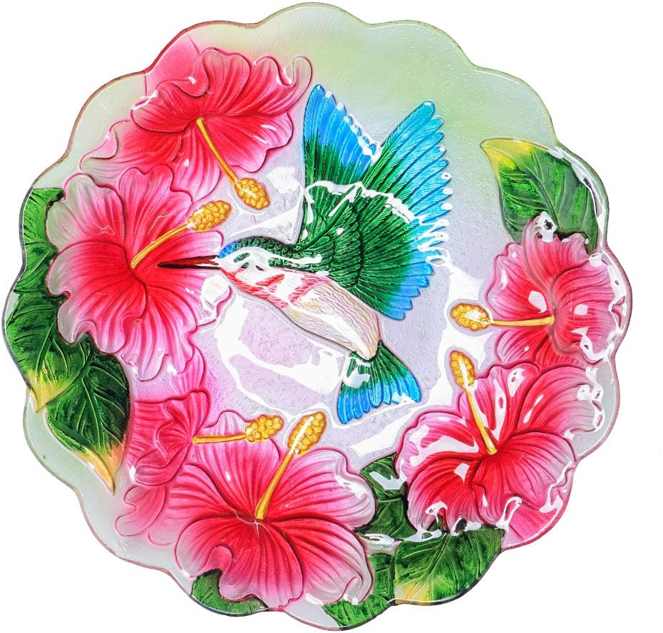 MUMTOP Outdoor Glass Birdbath with Metal Stand for Lawn Yard Garden Hummingbird Decor,18” Dia