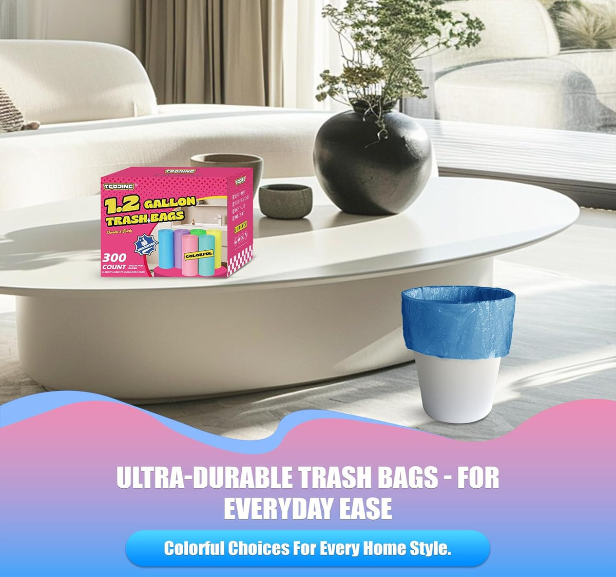 300 Count 1.2 Gallon Trash Bags - 4.5 Liter Colored Small Garbage Bags Unscented Mini Can Liners
