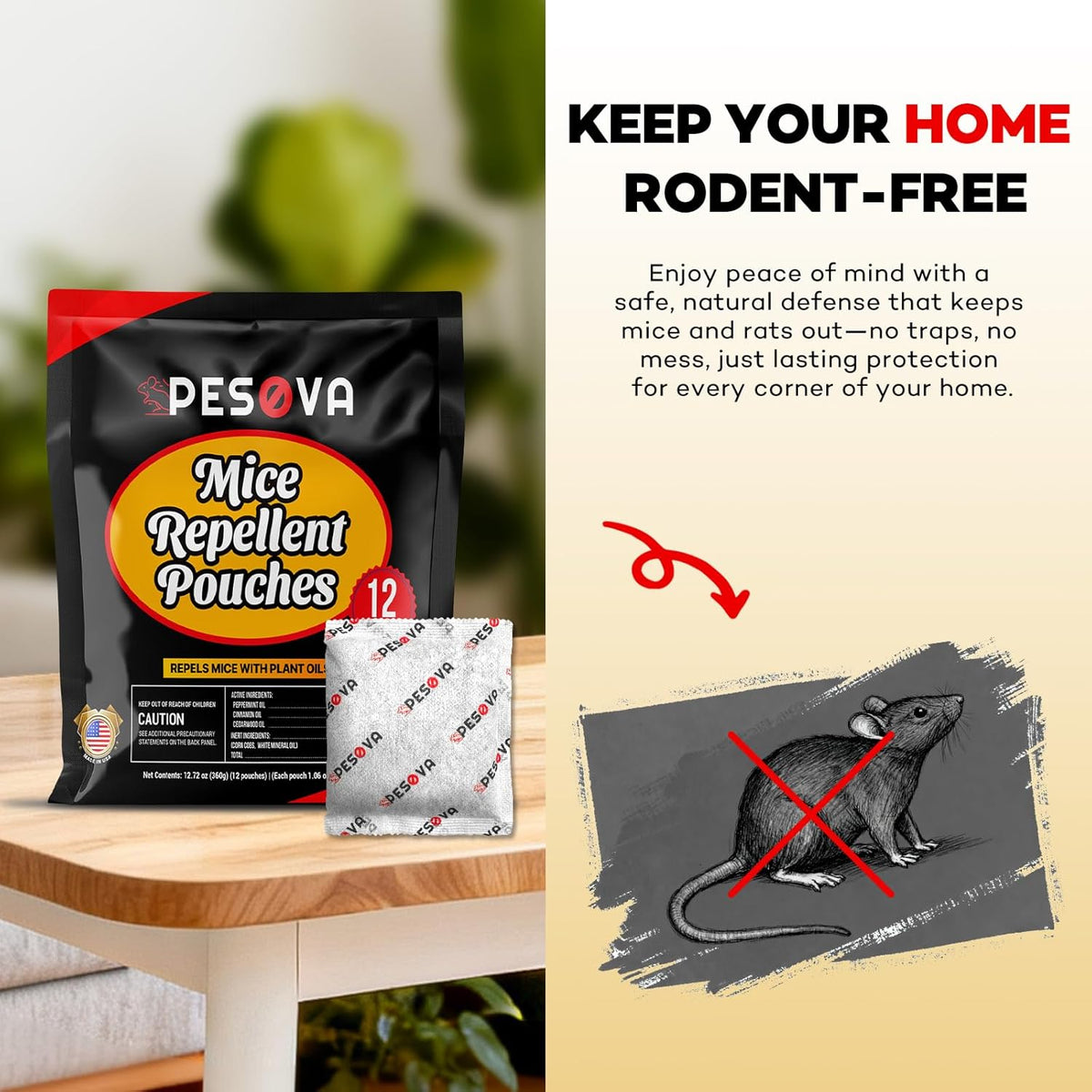 Mouse Repellent Pouches, Natural Rodent Repellent for Home, Car, RV, Garage, and Storage-Peppermint