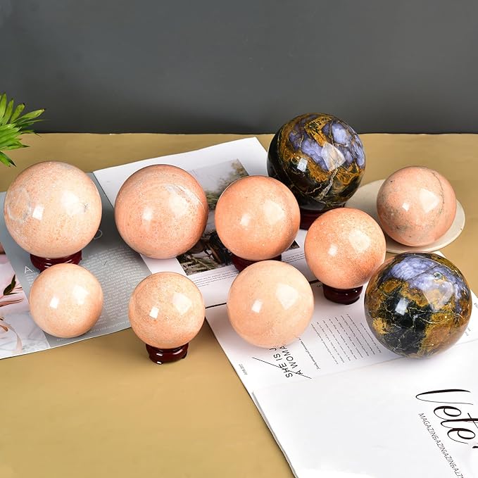 JIC Gem Natural Sunstone Sphere Ball with Wooden Stand for Fengshui Rare Healing Crystal Ball