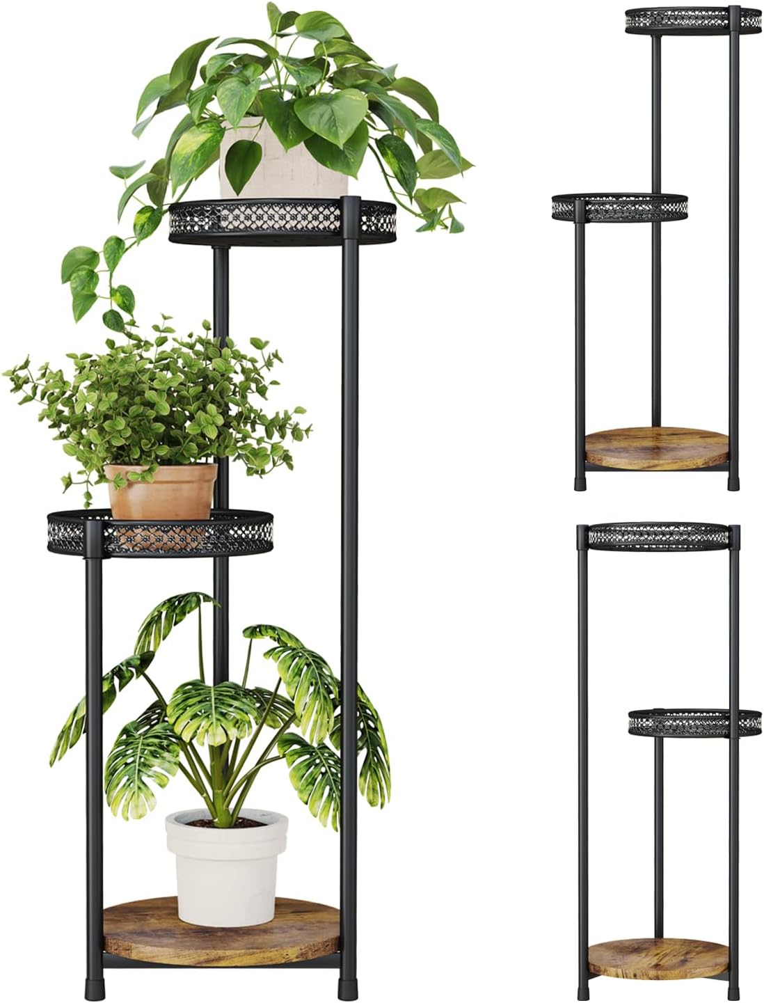 Plant Stand Indoor Outdoor,3 Tier Metal Wood Plant Stand for Multiple Plants,Black Tall Narrow