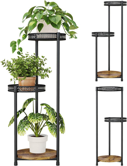Plant Stand Indoor Outdoor,3 Tier Metal Wood Plant Stand for Multiple Plants,Black Tall Narrow