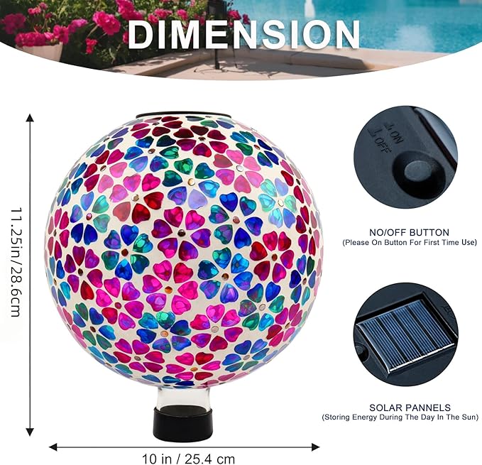 VOREEN Mosaic Solar Glass Gazing Ball, 10" Outdoor Multicolor Gazing Globe, Handmade IP44