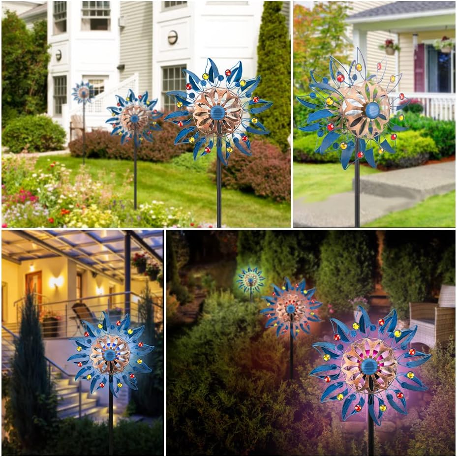 Solar Wind Spinner Retro Spinner, Waterproof Outdoor Metal Wind Sculpture for Patio, Lawn & Garden